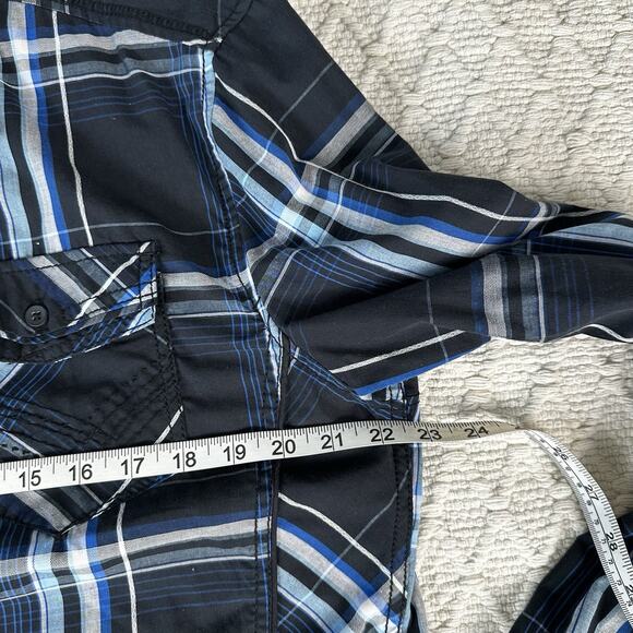 Carbon Men's Large Western Plaid Button Shirt Black Blue Long Sleeve - Picture 8 of 8